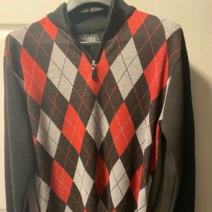 Red and White Diamond Patterned Zip Up Sweater
